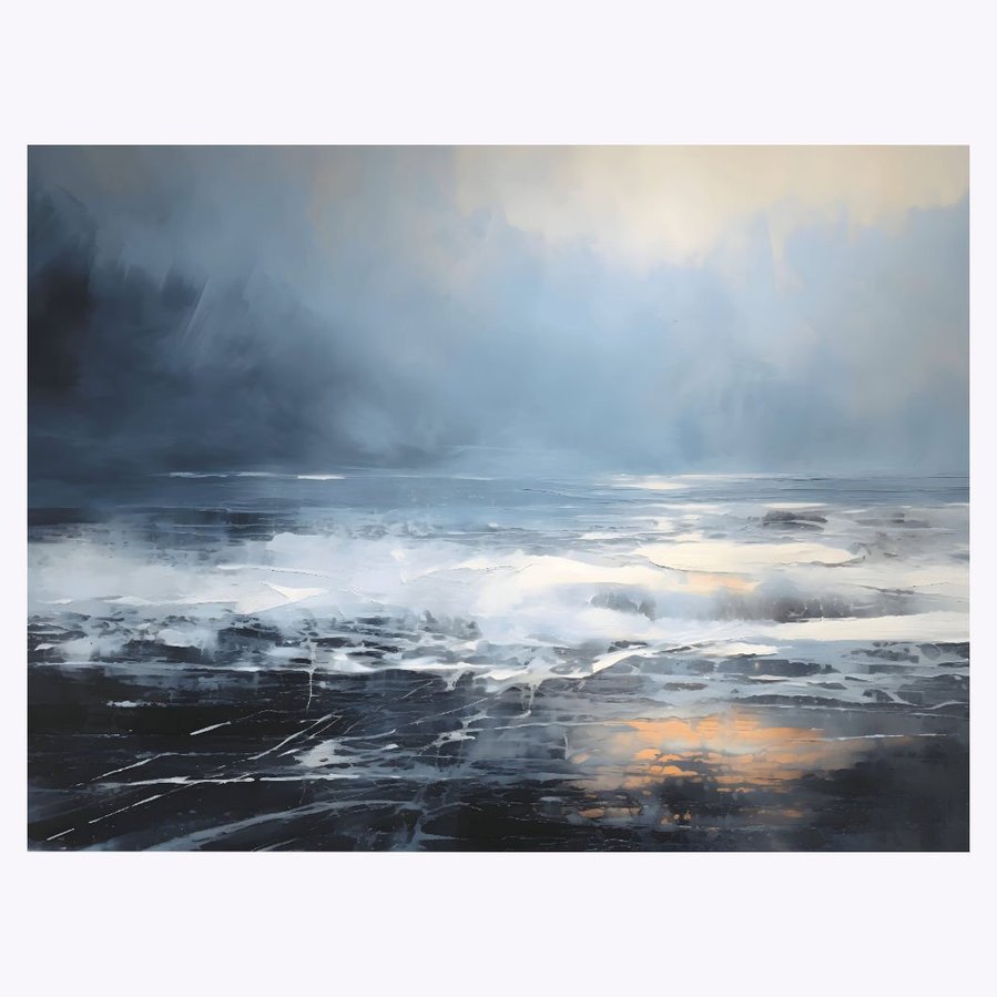 This image reveals the entire scope of 'Ocean Waves 6', a landscape painting that masterfully portrays a calm ocean under a serene sunset sky, symbolizing peace and renewal following a storm.
