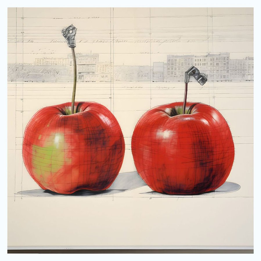 This image provides a complete view of 'Two Apples', showcasing the square painting's unique juxtaposition of two detailed apples against a technical, blueprint-like background, offering a blend of organic and structured design.
