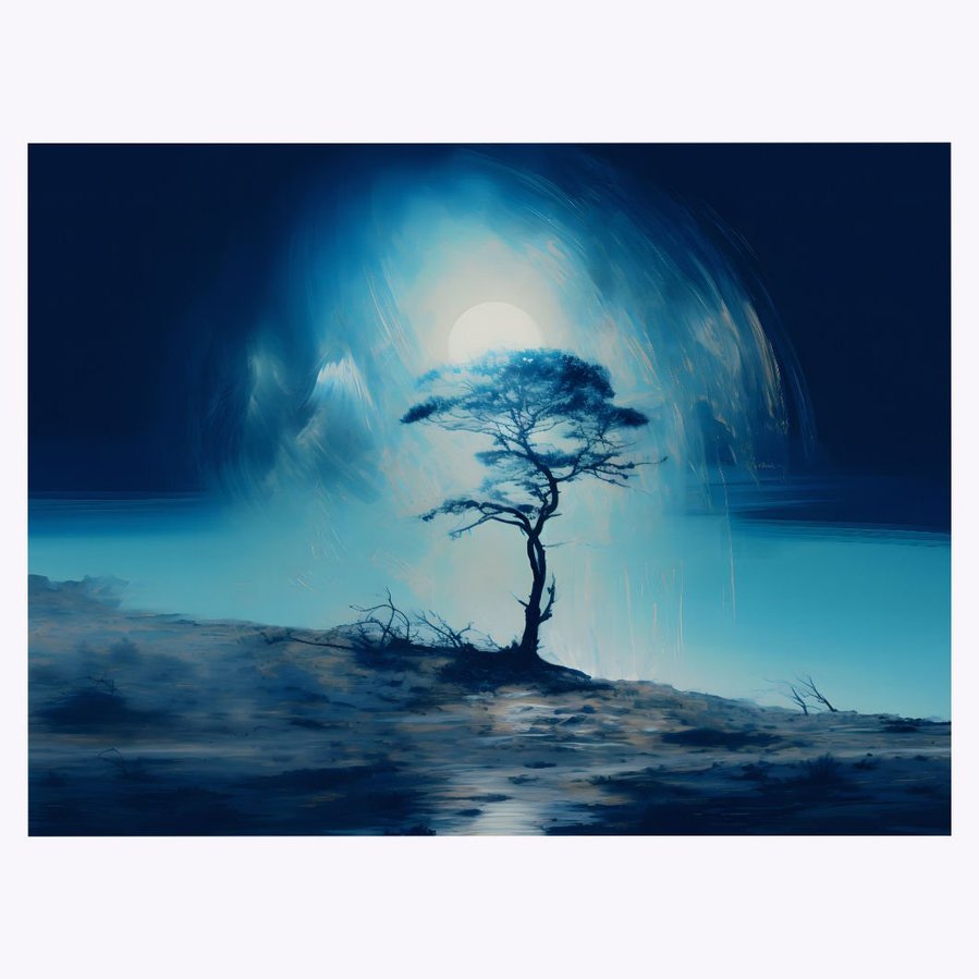 A full depiction of 'Tree Moon Ocean' is presented here, capturing the landscape painting's peaceful harmony of a moonlit tree silhouette against a calm ocean backdrop, offering a visually soothing experience.