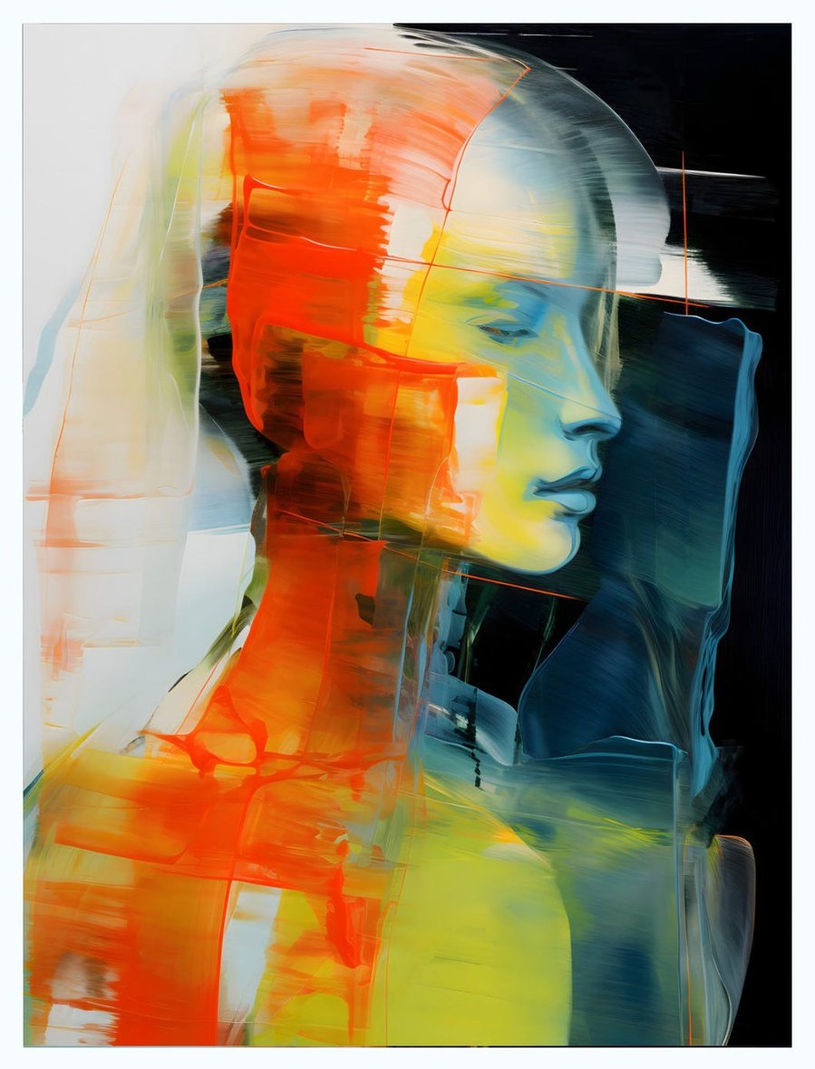 A complete view of 'Radiant She 1', this portrait-format painting captures the essence of an introspective female through abstract forms and colors, inviting viewers into a realm of contemplation and artistic beauty.