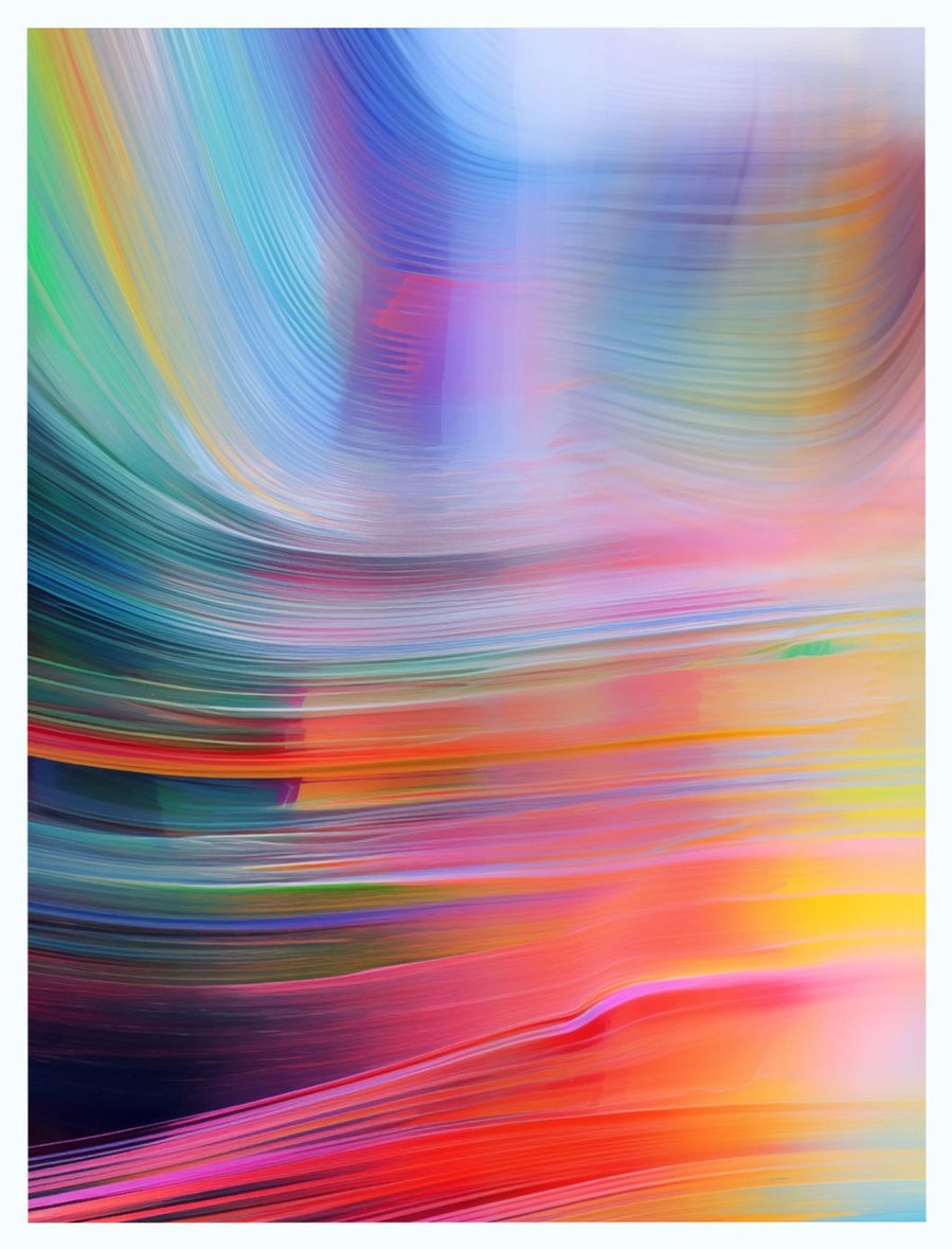 This image showcases the entire splendor of 'Rainbow', a portrait-format painting, capturing its abstract expressionism through a mesmerizing flow of rainbow hues, inviting an immersive visual experience.