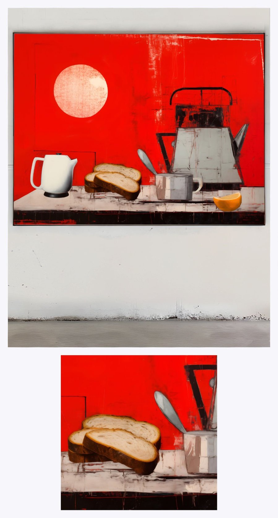 Displaying 'Good Morning' in an elegant gallery setting, this image also features a smaller, detailed segment of the painting, emphasizing the fine artistry and texture of the piece.