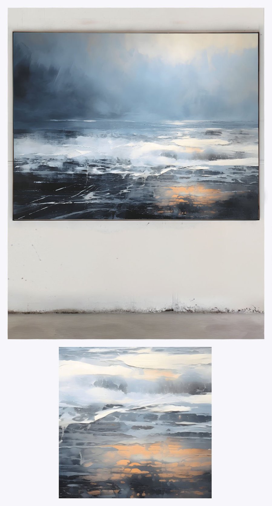 Ocean Waves 6' is presented in a gallery-like setting, accompanied by a focused detail, showcasing the subtle gradations of the sunset colors and the gentle motion of the post-storm ocean waves.