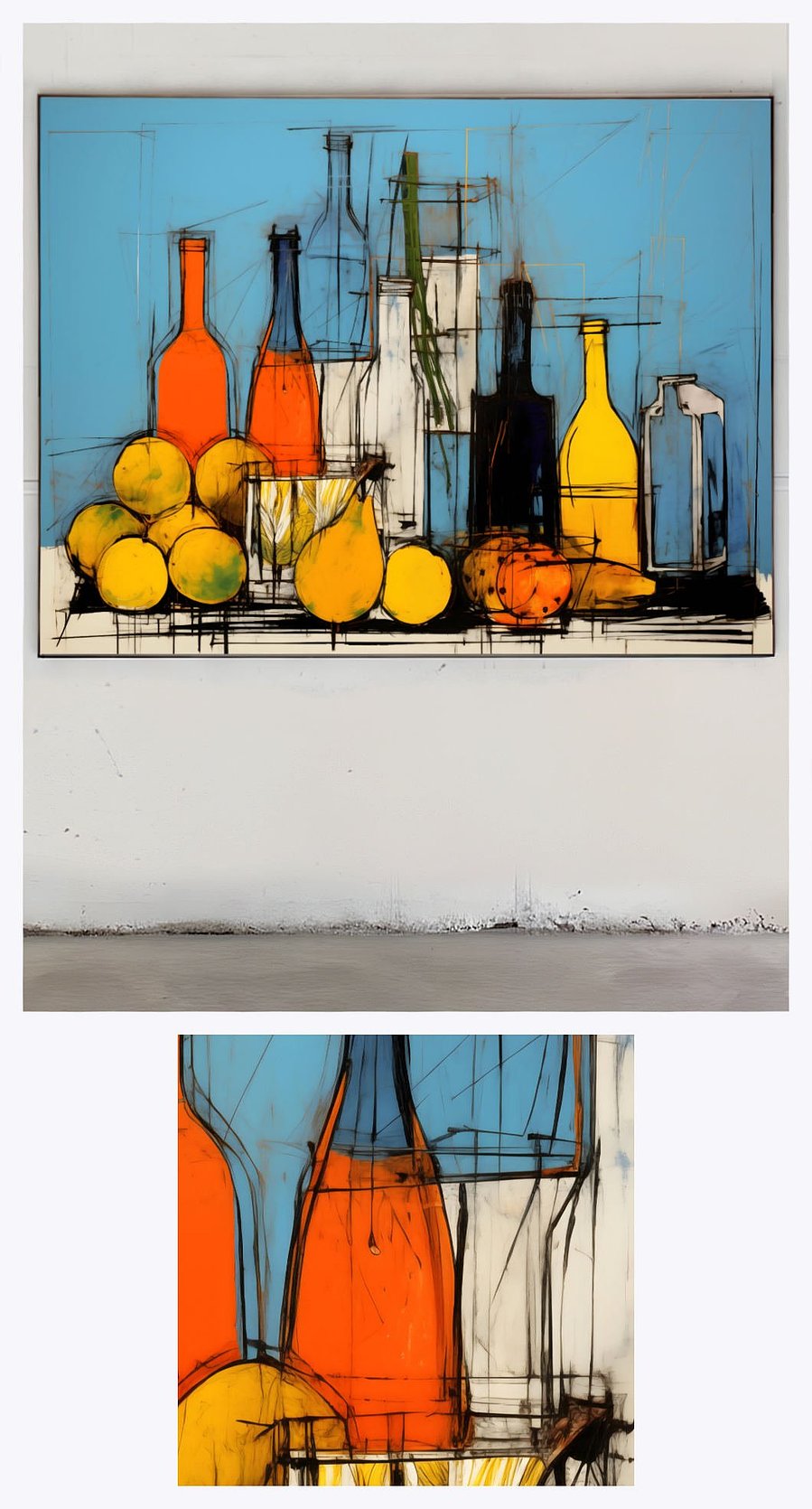 Fruits & Bottles' presented in an artistic gallery setting, complemented by a detailed, close-up section of the painting, accentuating its fine textures and color richness.