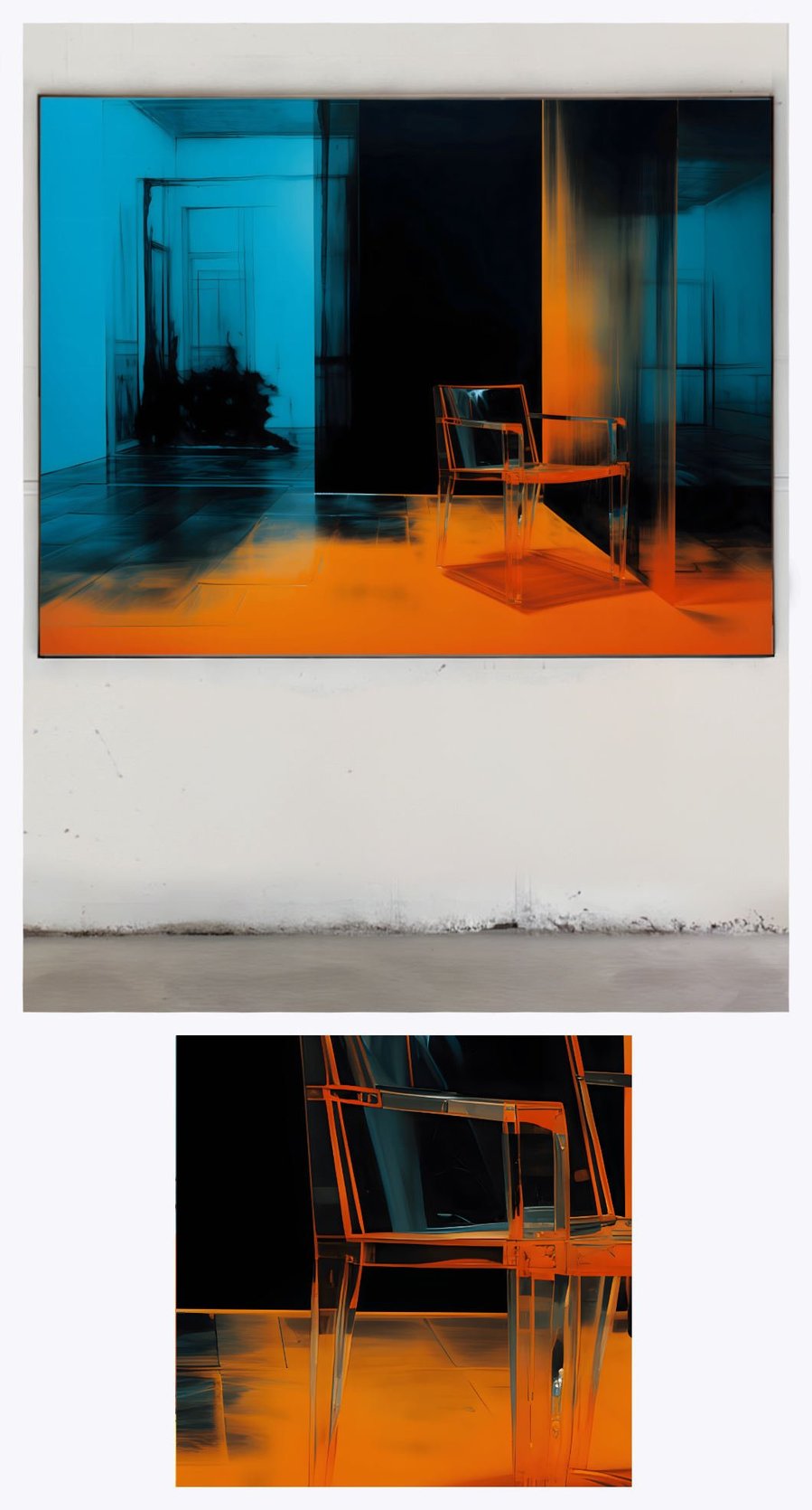 'Solitary Chair No. 2' is prominently featured in a gallery-like setting, complemented by a close-up section that accentuates the stark contrast and minimalist appeal of the orange chair in its unusual surroundings.