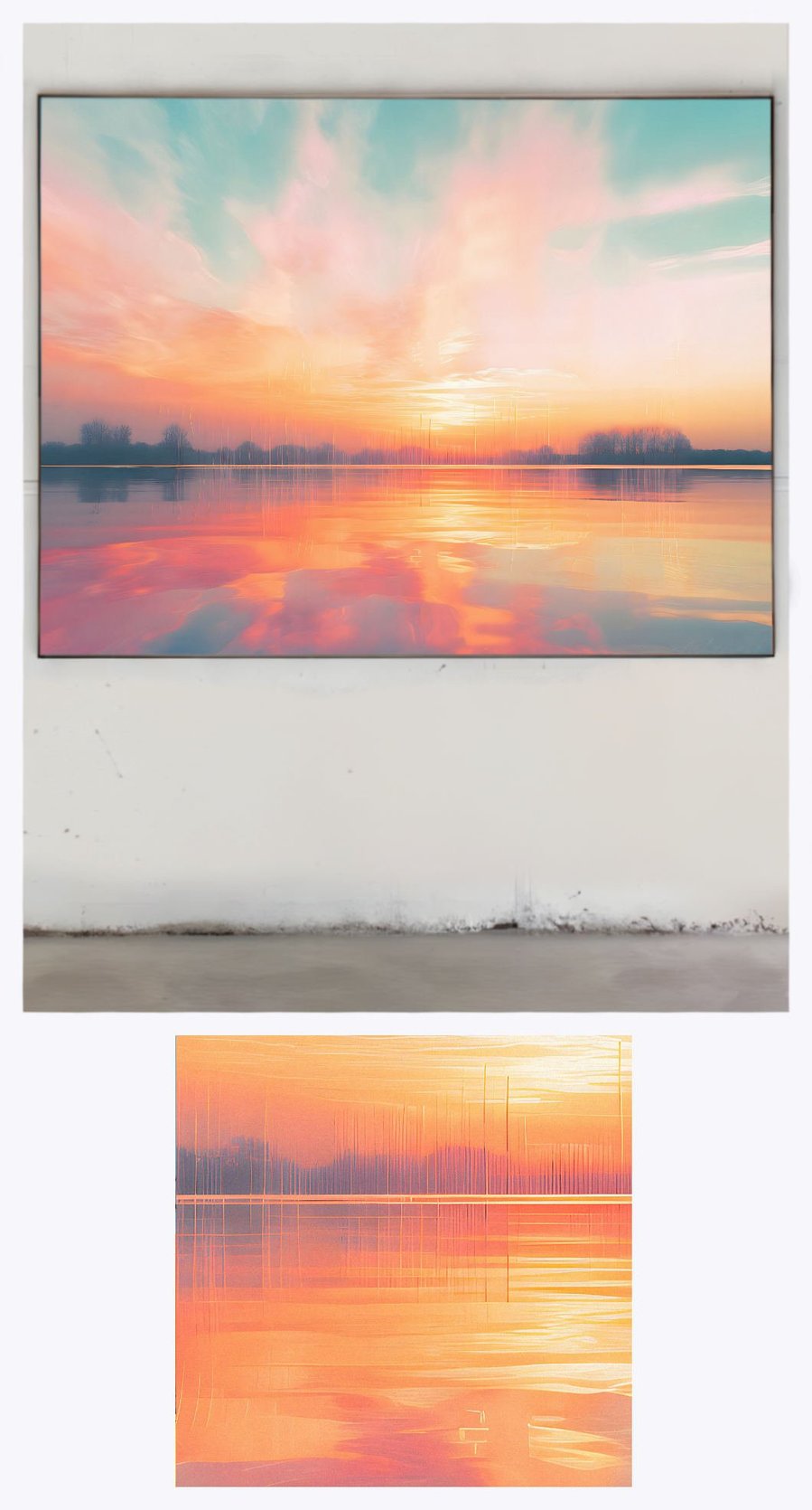 'Sunset Over Lake' is elegantly showcased in a gallery-like setting, with an emphasis on a detailed portion, bringing into focus the subtle gradations of the sunset's colors and the lake's tranquil waters.