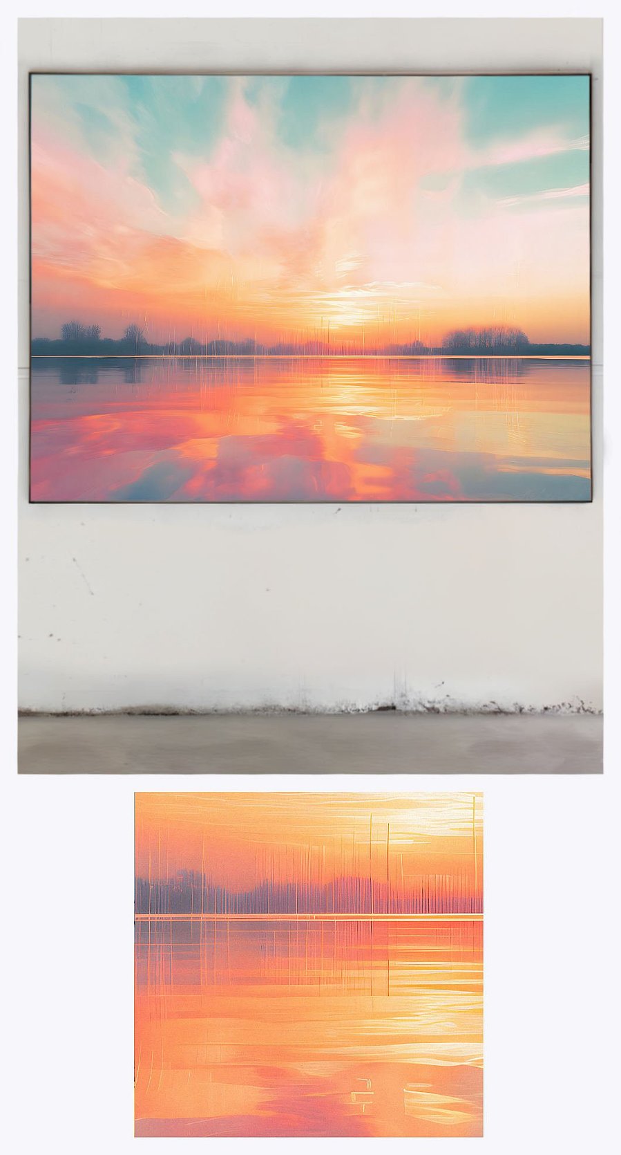'Sunset Over Lake' is elegantly showcased in a gallery-like setting, with an emphasis on a detailed portion, bringing into focus the subtle gradations of the sunset's colors and the lake's tranquil waters. Painting by Murti Jung.