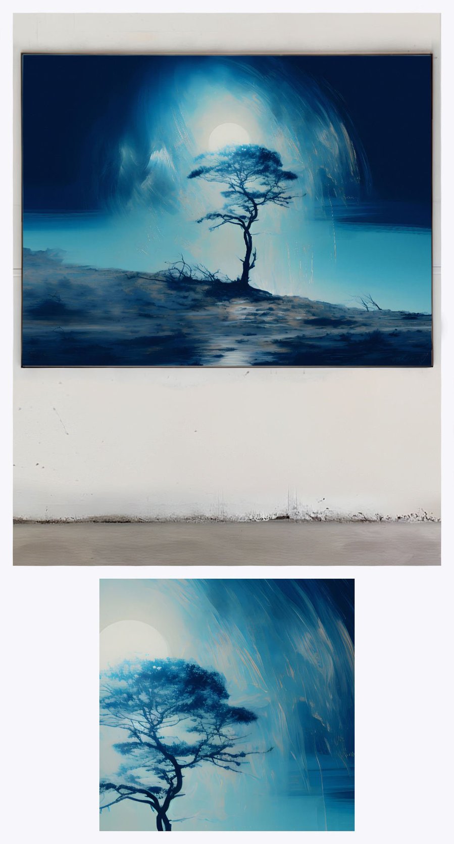Tree Moon Ocean' is elegantly featured in a gallery setting, complemented by a zoomed-in detail that accentuates the subtle interplay of light and shadow, and the gentle flow of the ocean.
