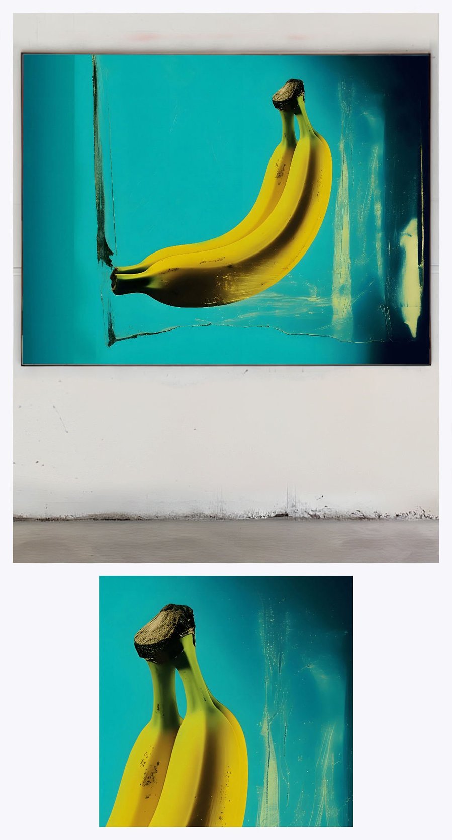 Banana Duet' is elegantly showcased in a gallery setting, accompanied by a smaller, more focused detail of the painting, highlighting its intricate textures and colors.