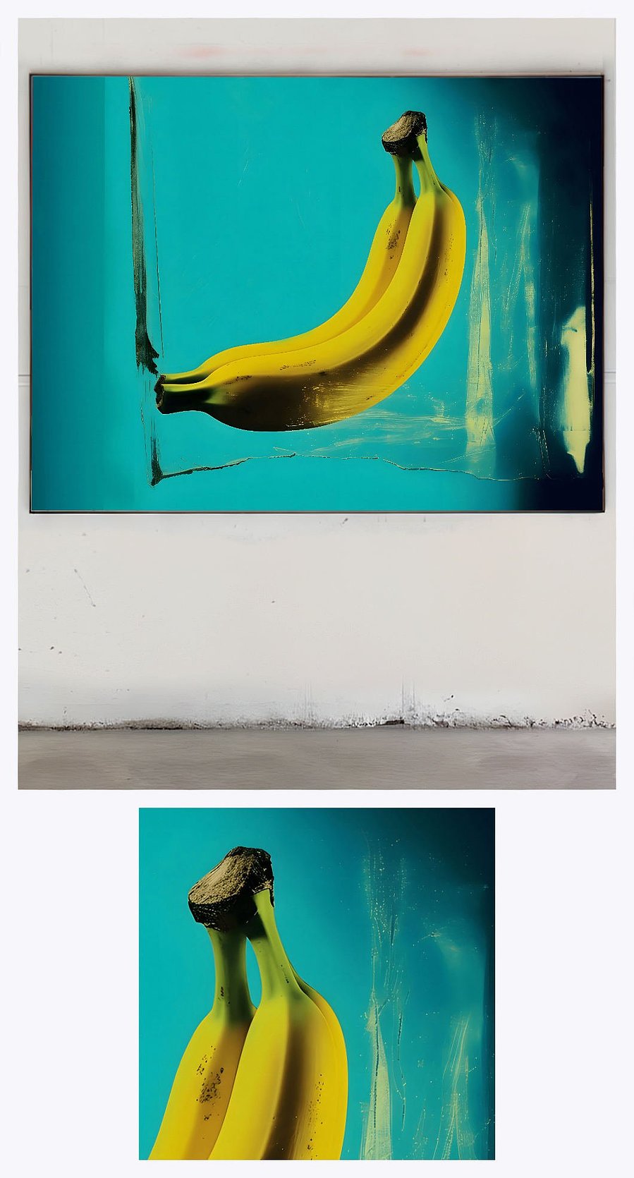 Banana Duet' is elegantly showcased in a gallery setting, accompanied by a smaller, more focused detail of the painting, highlighting its intricate textures and colors.