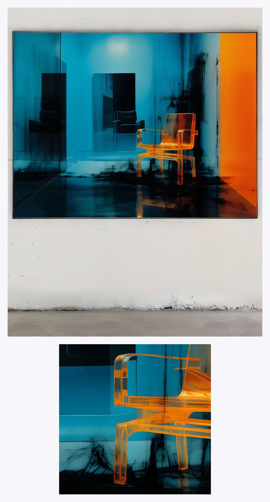 The 'Solitary Chair' is featured prominently in a sophisticated gallery setting, accompanied by a smaller, focused detail of the painting below, offering a closer look at its fine nuances.