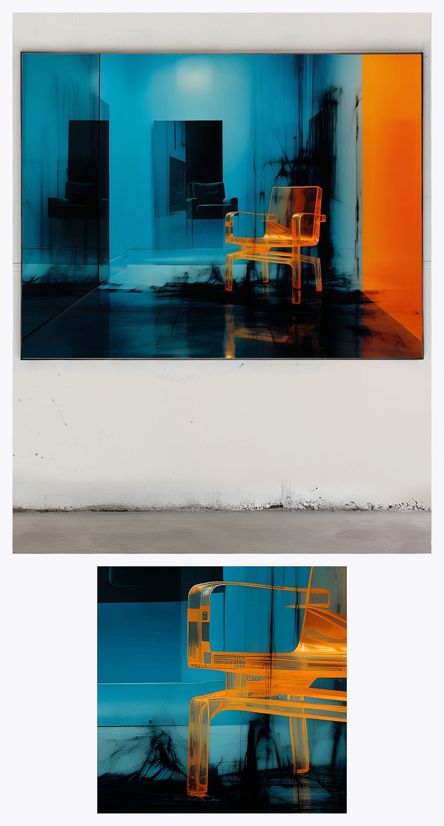 The 'Solitary Chair' is featured prominently in a sophisticated gallery setting, accompanied by a smaller, focused detail of the painting below, offering a closer look at its fine nuances.