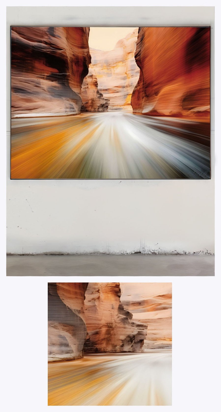 Grand Canyon' is showcased in a gallery environment, accentuated by a detailed close-up that brings into focus the dynamic water movements and the intricate textures of the canyon walls.