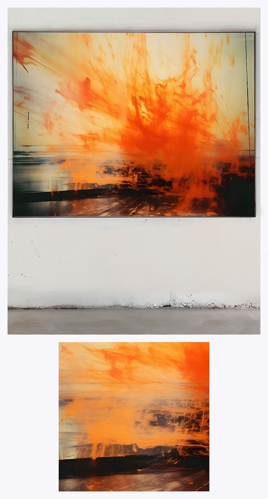 'Fire' is displayed in a sophisticated gallery setting, featuring a close-up detail that highlights the artwork's explosive color palette and the emotive power of its brush strokes.