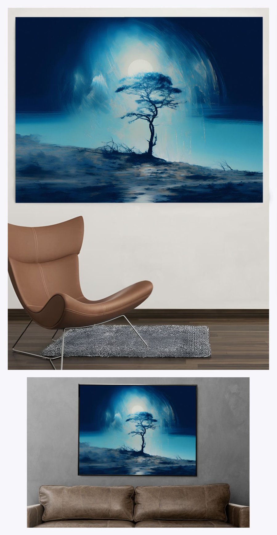 Admire 'Tree Moon Ocean' as it adorns two different landscape-oriented living areas, showcasing the painting's serene blend of a moonlit tree and a tranquil ocean, enhancing a variety of home settings.