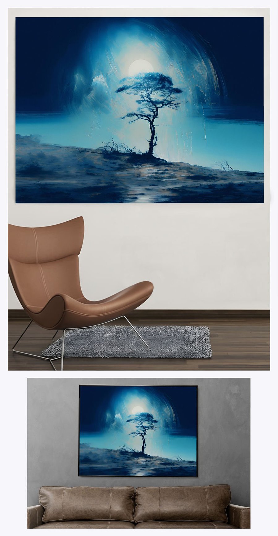 Admire 'Tree Moon Ocean' as it adorns two different landscape-oriented living areas, showcasing the painting's serene blend of a moonlit tree and a tranquil ocean, enhancing a variety of home settings.