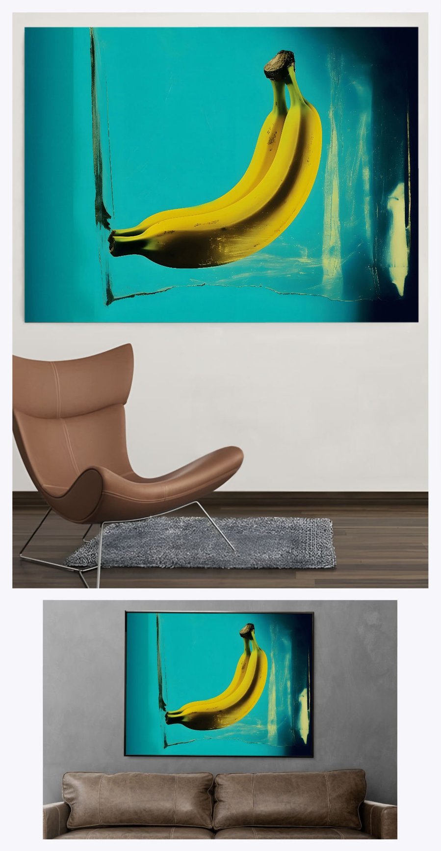 Displaying 'Banana Duet' in two distinct living room scenes, this image highlights how the landscape artwork adds a unique flair to different home decor styles.