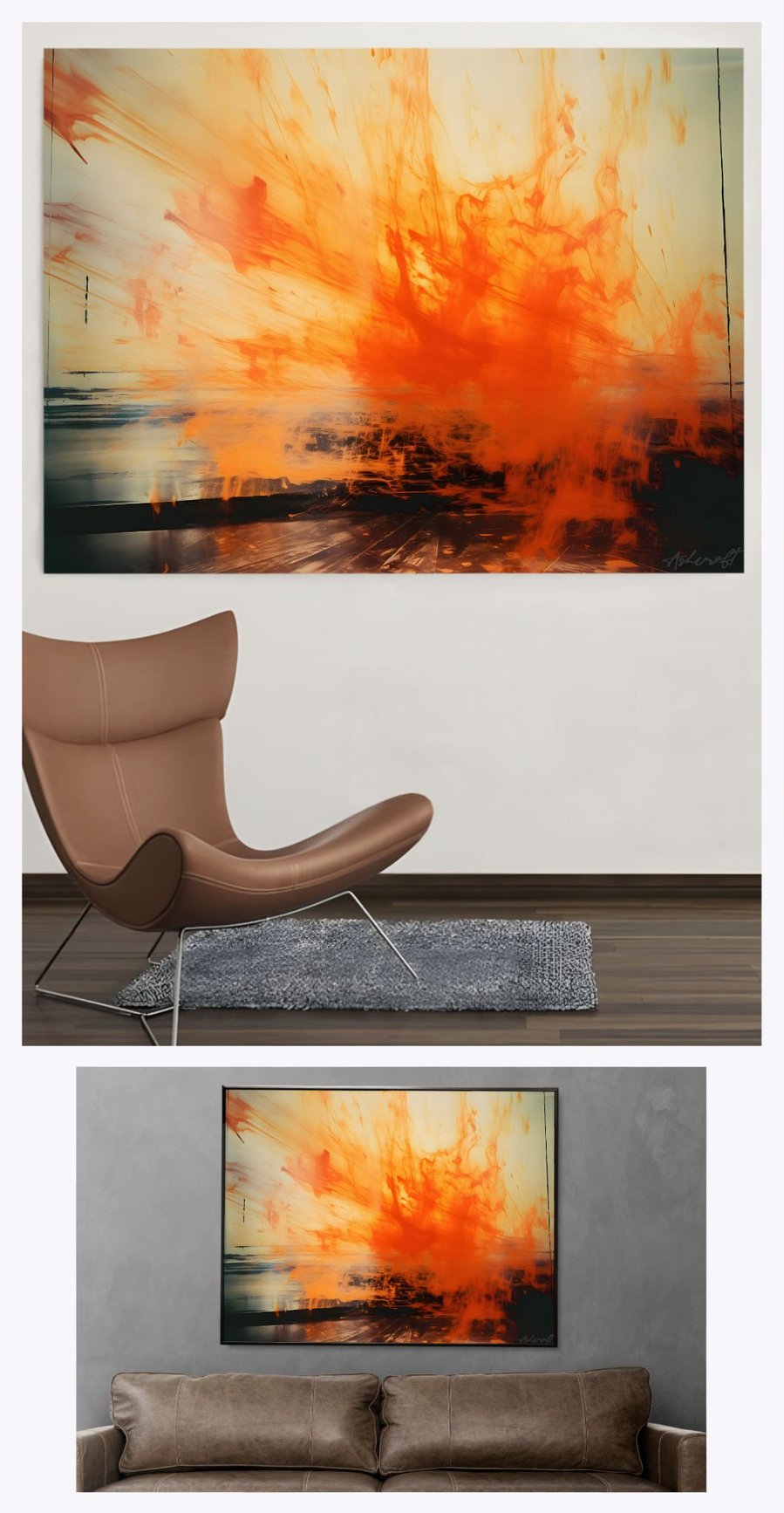 Witness the intense allure of 'Fire' as it transforms two landscape-oriented living spaces, illustrating the artwork's powerful impact in creating a dramatic and vibrant atmosphere in diverse interiors.