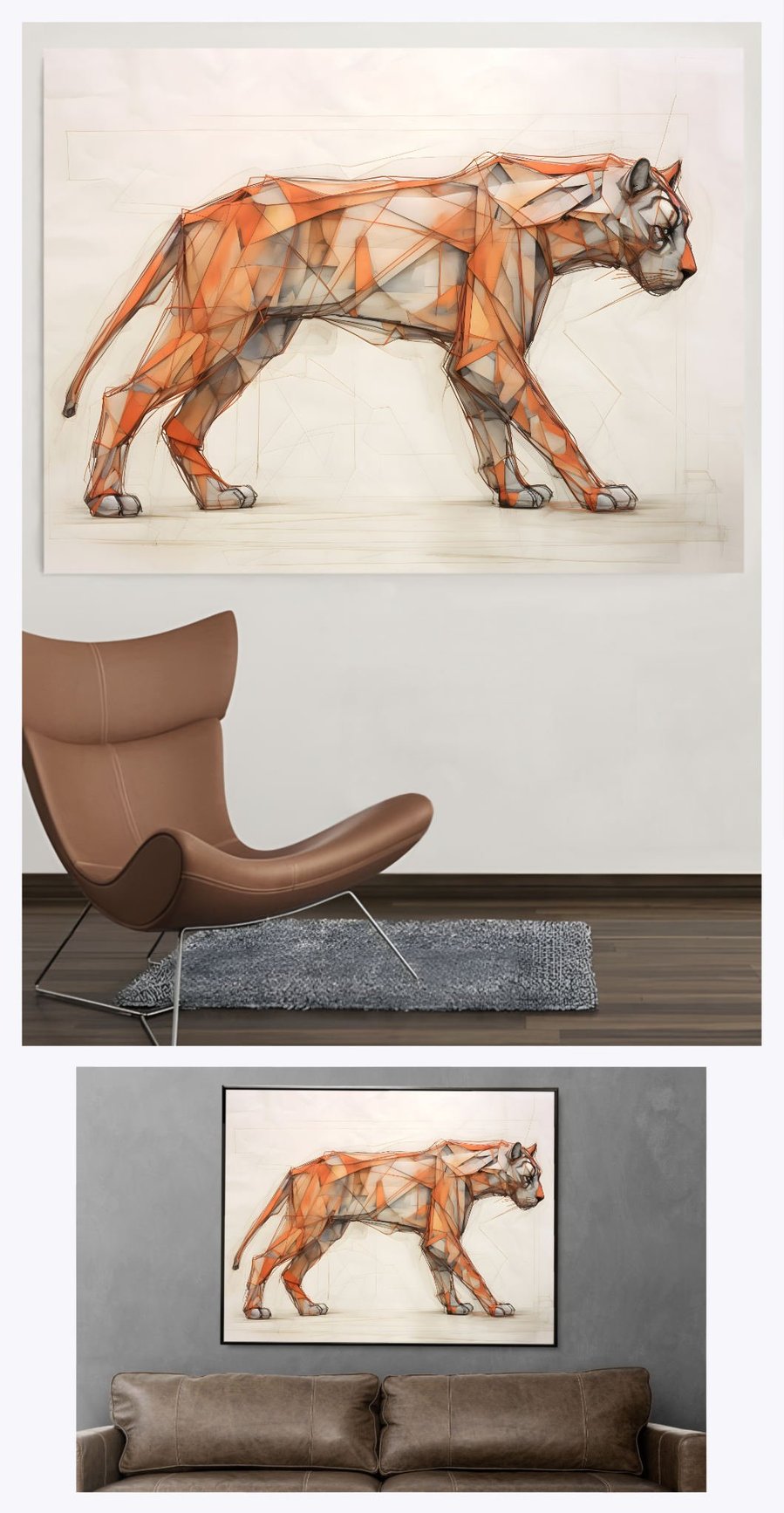 Explore the charm of 'Wildcat', a captivating painting, as it adorns two different living rooms, showcasing the versatility and impact of this artwork in various home decors.