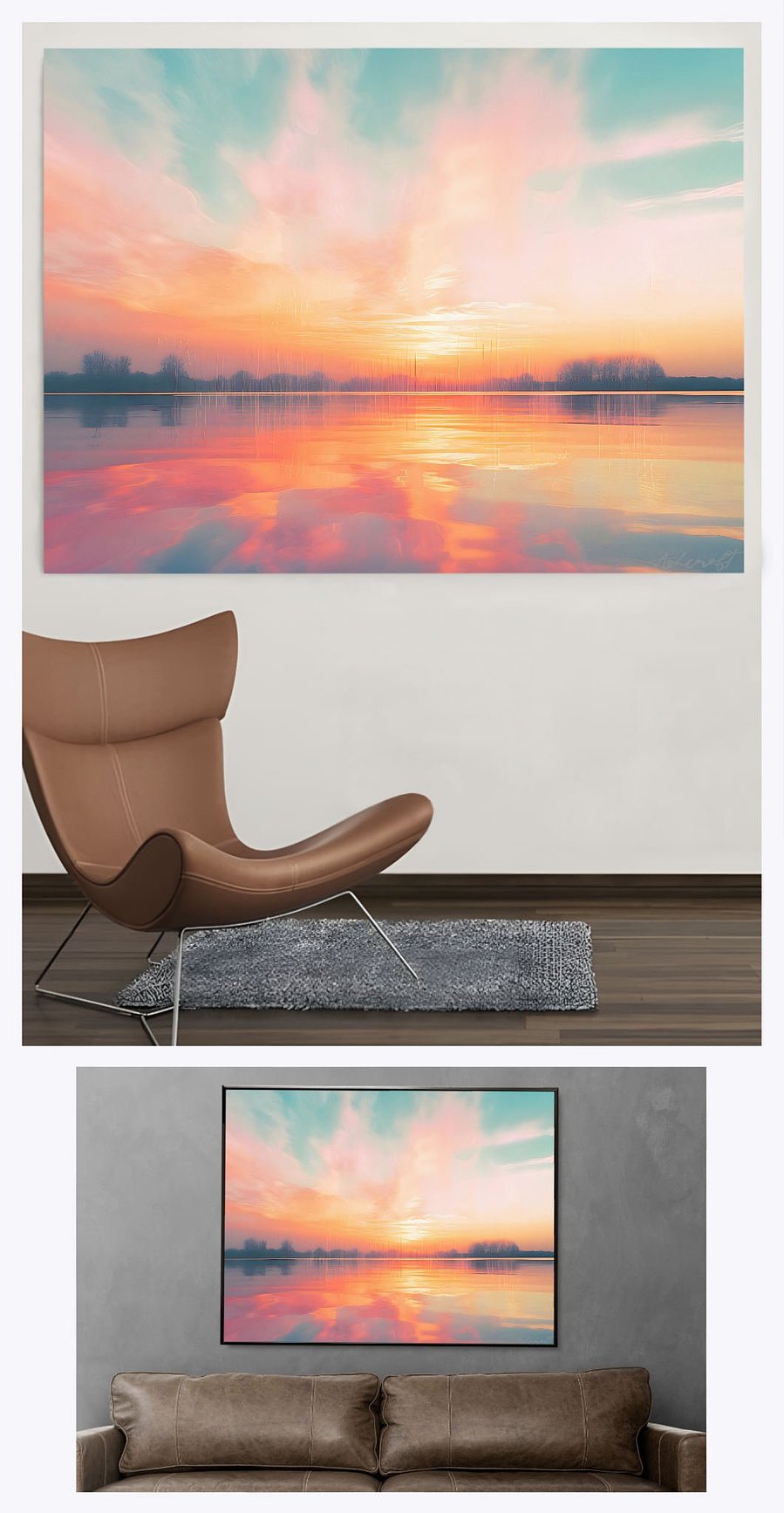 Admire 'Sunset Over Lake' as it brings a tranquil atmosphere to two different landscape-oriented living settings, highlighting the painting's ability to capture the serene beauty of a sunset over a peaceful lake, enriching diverse home environments. 