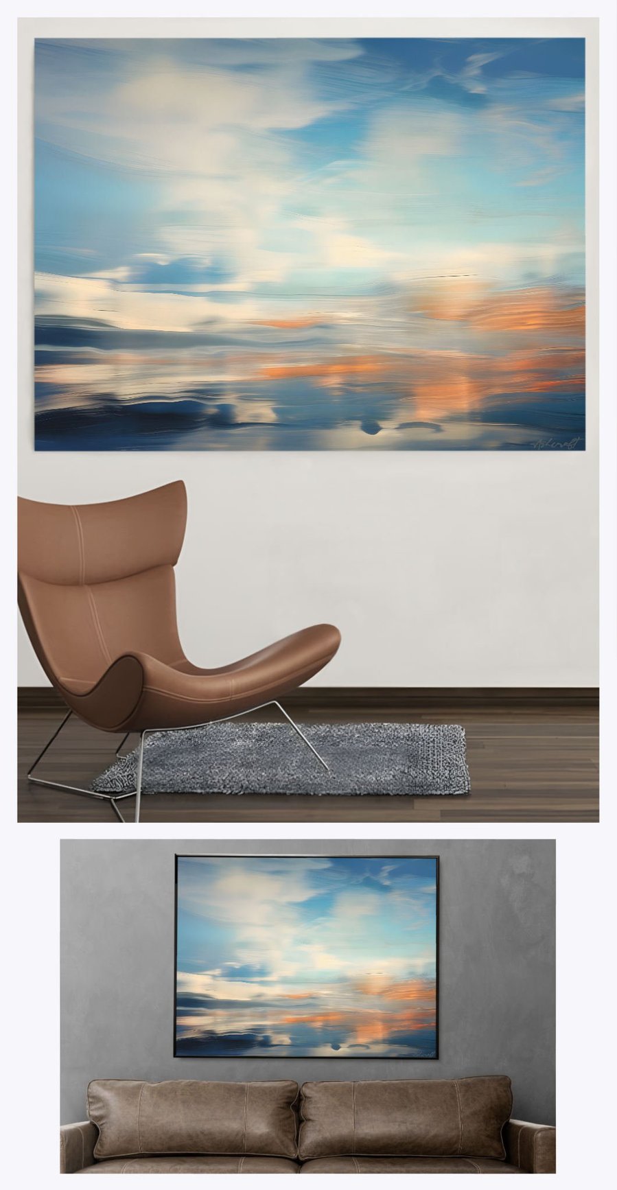Explore the dynamic presence of 'Reflections' showcased in two unique living room settings, highlighting how this landscape artwork enhances diverse interior aesthetics.