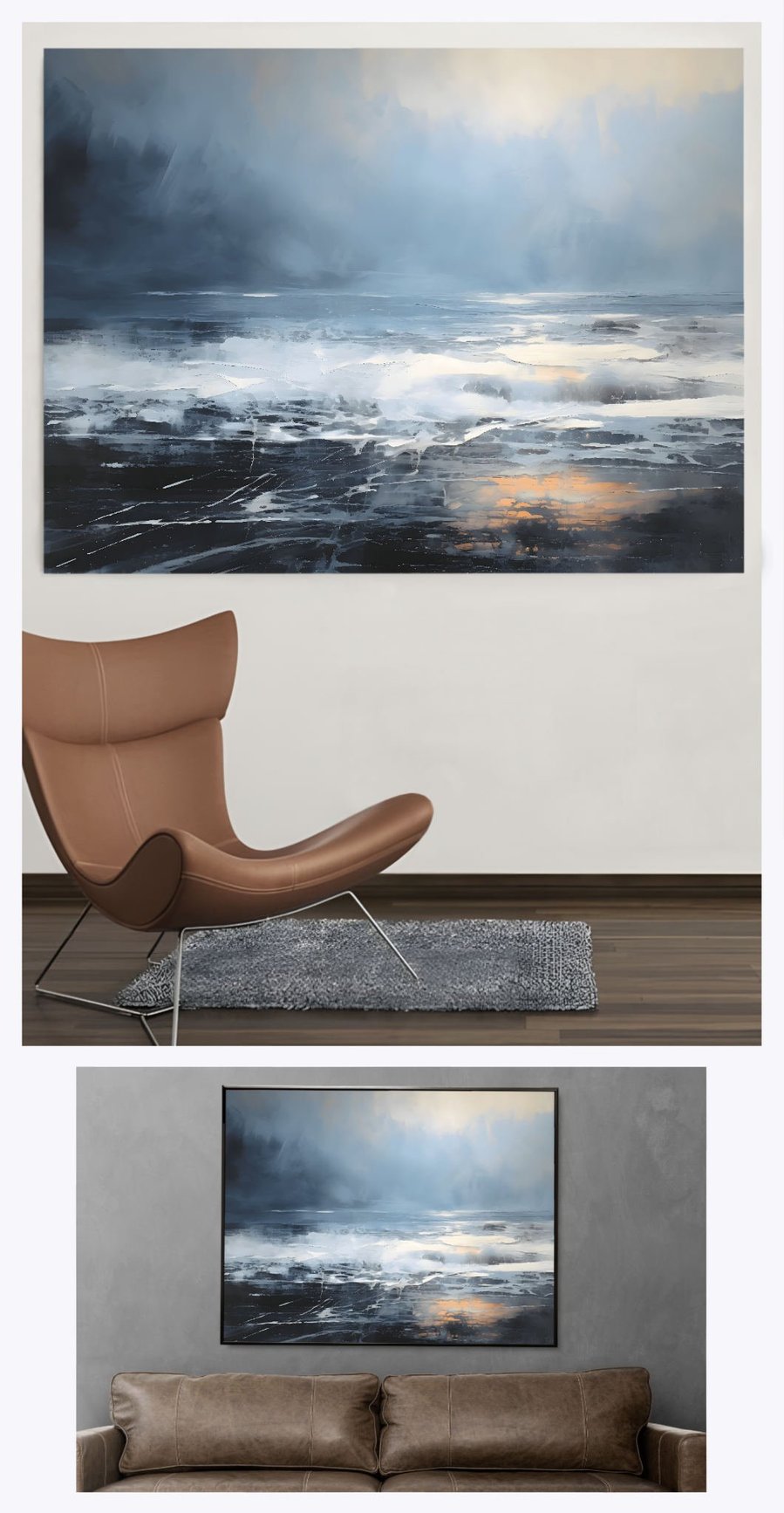Behold 'Ocean Waves 6' as it gracefully adorns two diverse landscape-oriented living environments, illustrating how the painting captures the tranquil aftermath of a storm at sea, enhancing different interior styles with its serene sunset hues.