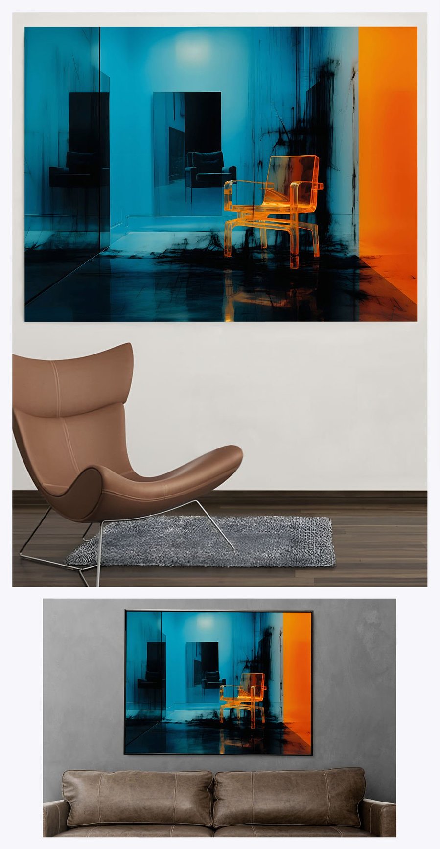A versatile digital artwork of a solitary chair, elegantly showcased in two distinct living room settings, highlighting how the artwork enhances different interior designs.
