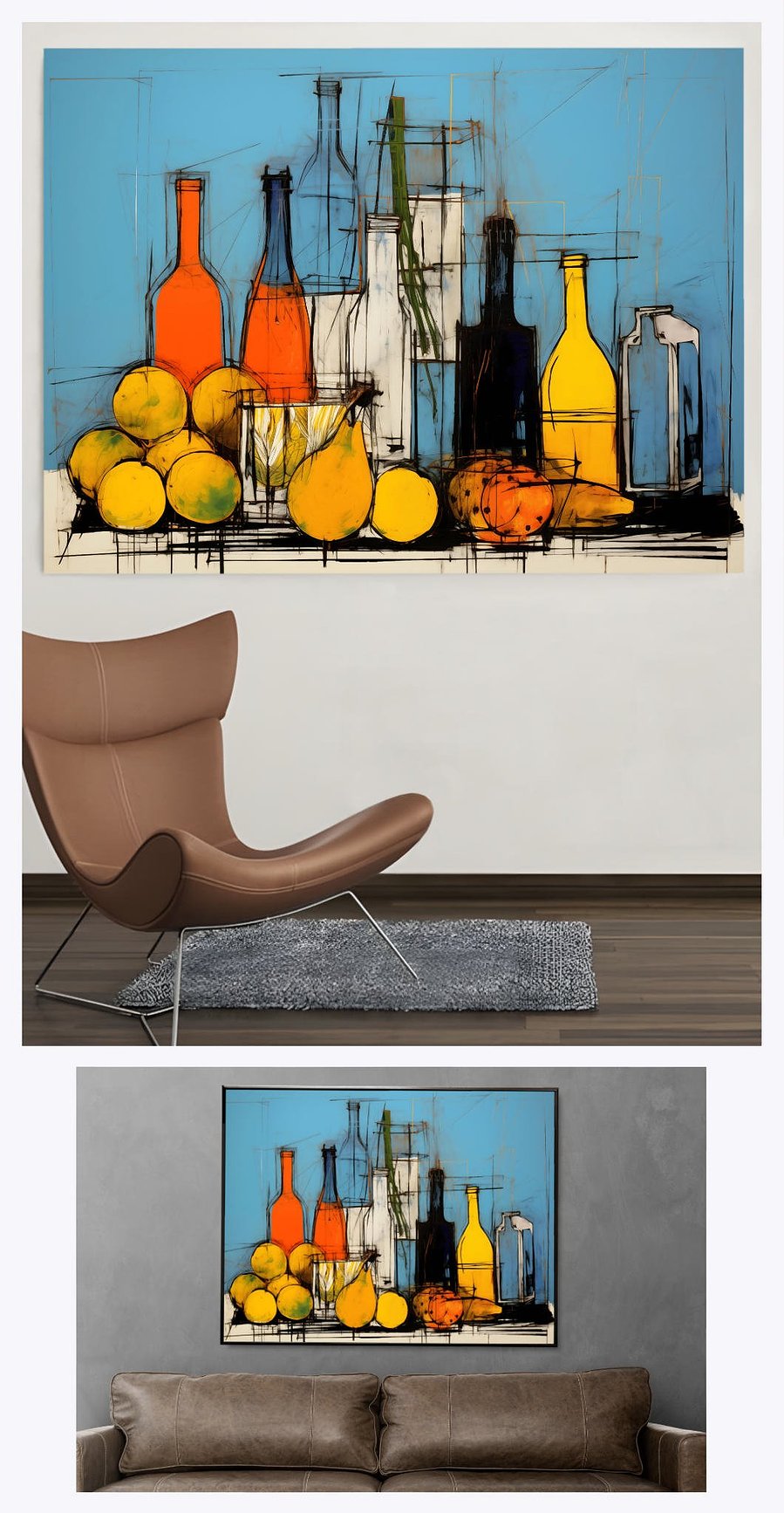 This image features an easy-to-use download guide for 'Fruits & Bottles', along with a tailored size guide for its landscape format, aiding in optimal art placement and enjoyment.