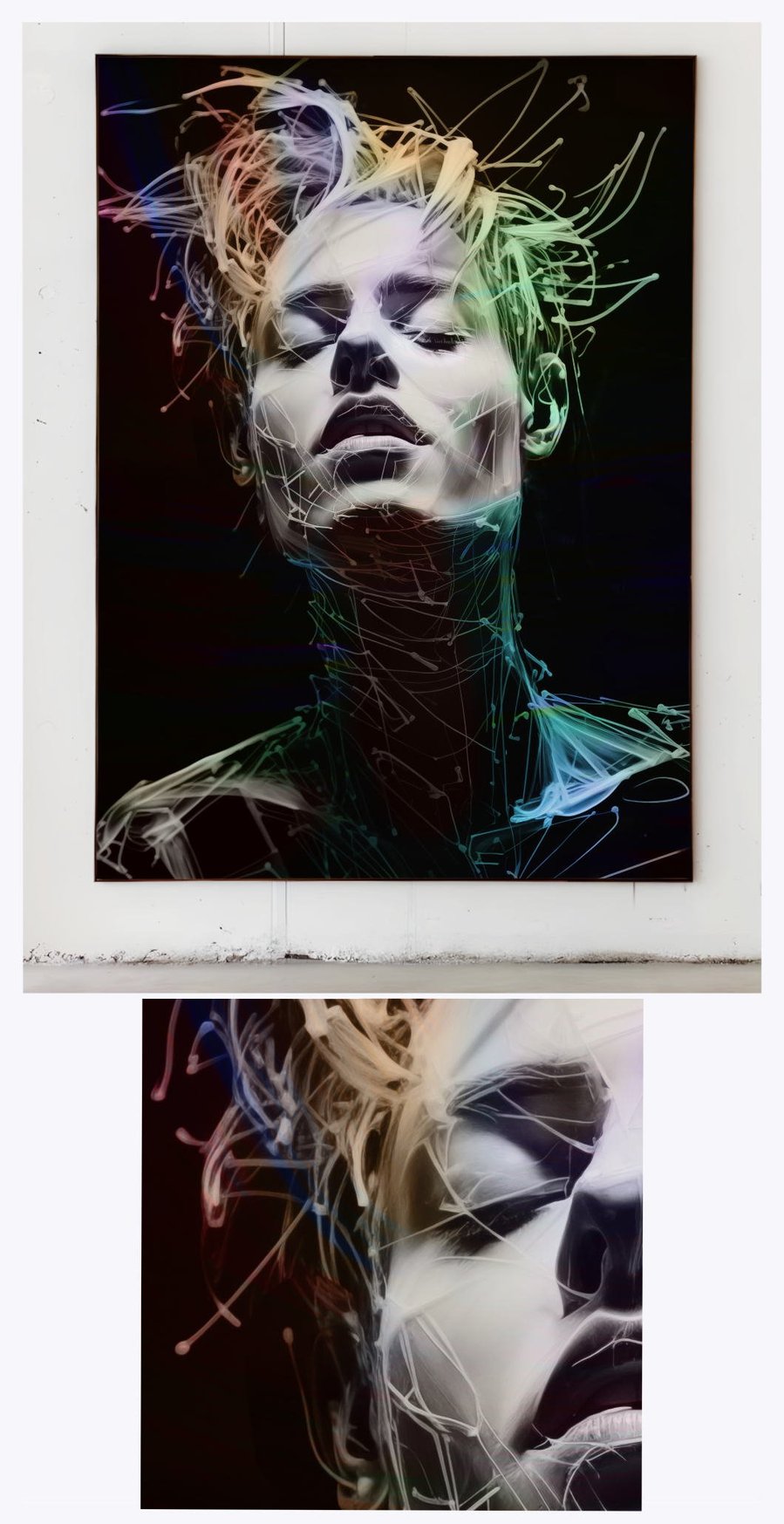'Music 3', displayed in an elegant gallery setting, includes a close-up that emphasizes the young man's expressive demeanor and the subtle artistic details that convey his musical immersion.