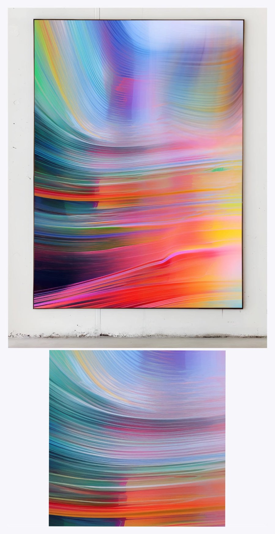 Rainbow' is displayed in an upscale gallery setting, with a close-up detail highlighting the fluid transitions and vivid interplay of colors, embodying the essence of abstract art.