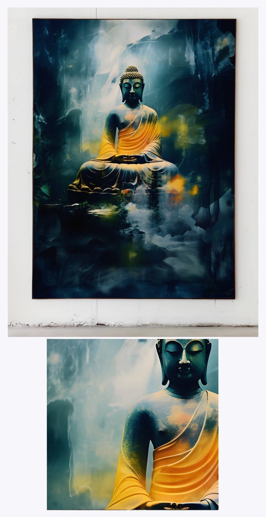 Lord Buddha' is showcased in a gallery environment with a focus on a smaller, detailed portion of the painting, highlighting its intricate brushwork and calming color palette.