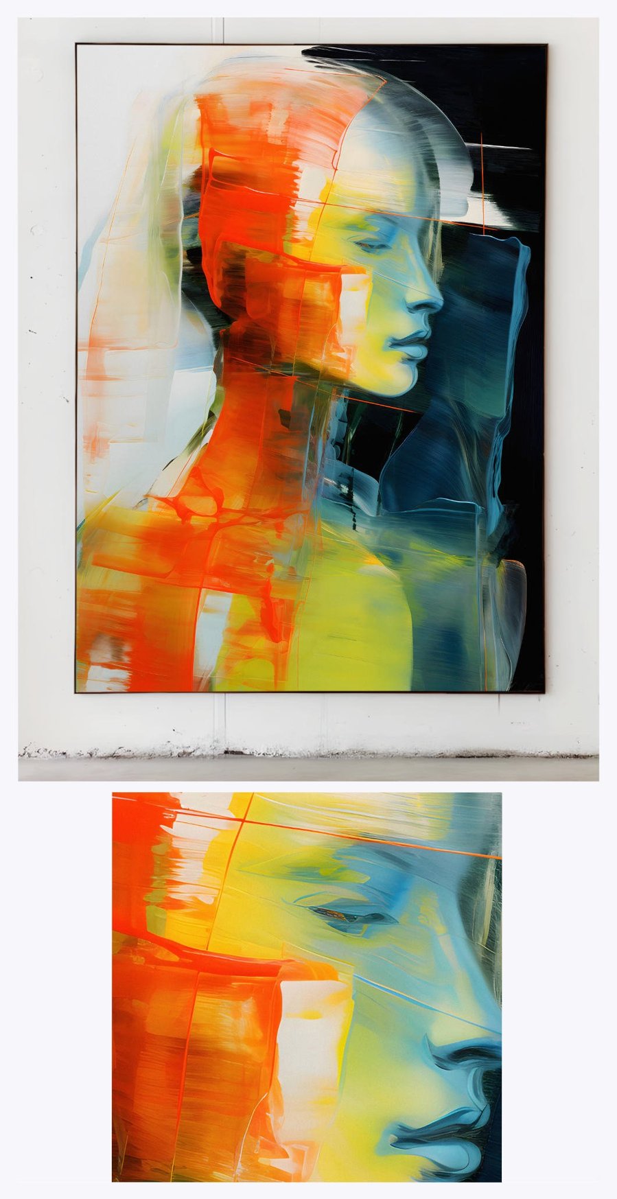 'Radiant She 1' is displayed in a refined gallery setting, with an additional focus on a detailed segment, highlighting the nuanced interplay of abstract elements that form the contemplative female figure.