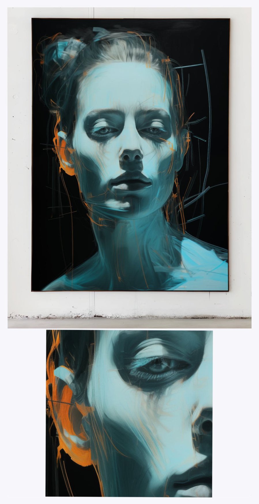 Displayed in an elegant gallery setting, 'Music 2' is complemented by a detailed close-up, drawing attention to the subtle nuances in the woman's expression and the painting's intricate details.