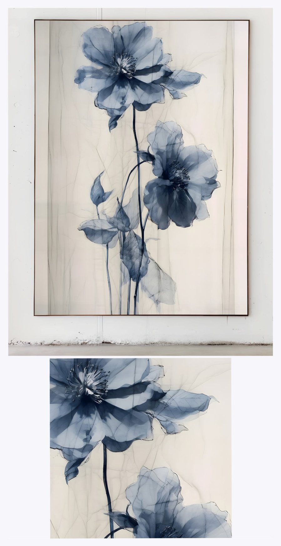 Featured in a gallery-like ambiance, 'Wire Flower' is complemented by a detailed, close-up portion, showcasing the meticulous detail and vibrant energy of the painting.