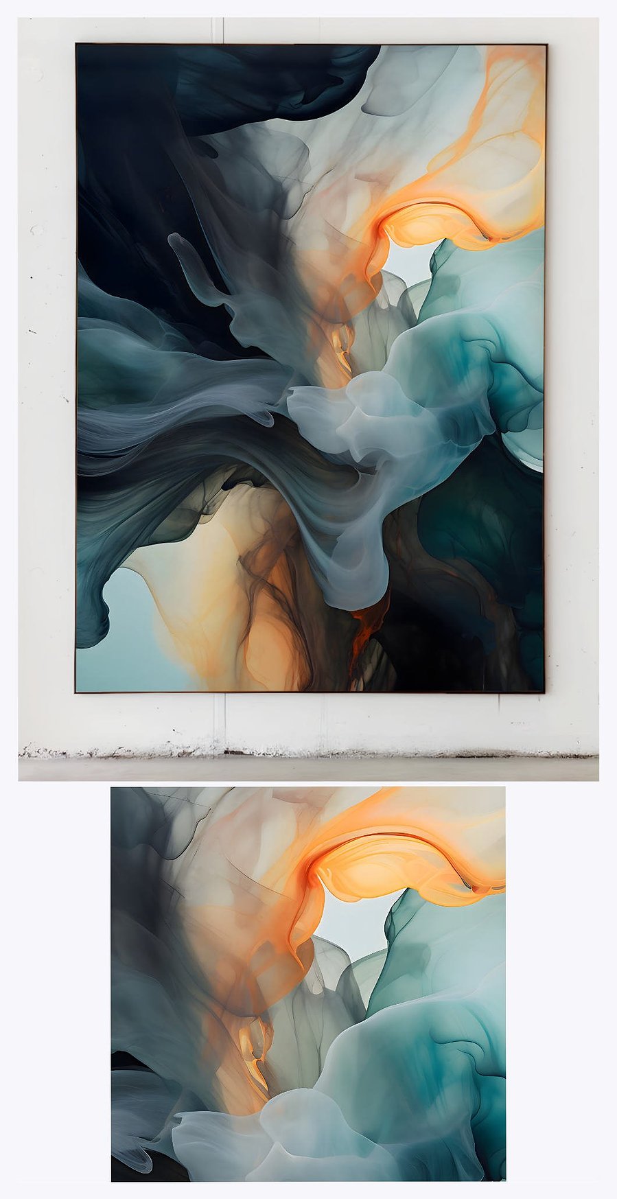 'Liquid Zen' is on display in an upscale gallery setting, accompanied by a magnified detail section, bringing into focus the subtle textural interplay and serene aesthetic of the painting.