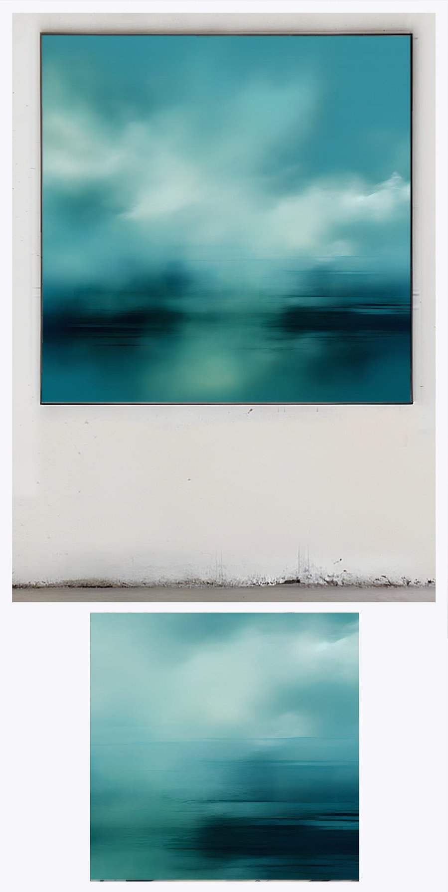 This depiction of 'Cloud Over Ocean' in a sophisticated gallery setting includes a zoomed-in detail, offering a glimpse into the painting's textural subtleties and serene hues.