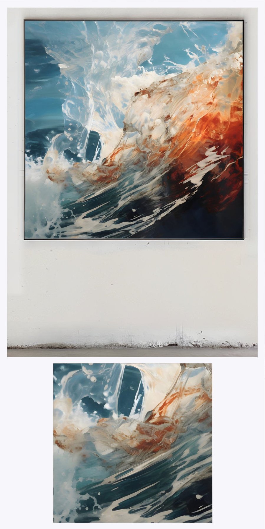 Ocean Wave' is artfully displayed in a gallery-like environment, with an additional focus on a detailed segment, emphasizing the artwork's lively brushwork and oceanic hues.