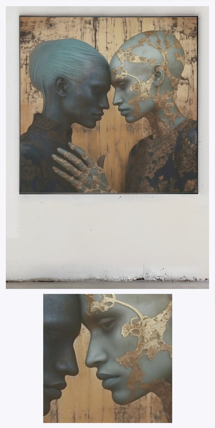 Touch' is featured prominently in a sophisticated gallery environment, alongside a smaller, detailed view of the painting, emphasizing its fine artistic details and texture.