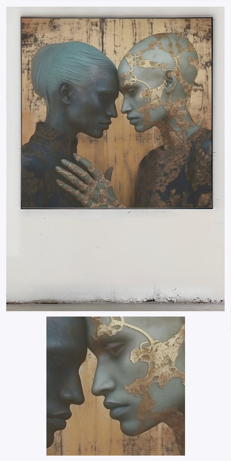 Touch' is featured prominently in a sophisticated gallery environment, alongside a smaller, detailed view of the painting, emphasizing its fine artistic details and texture.