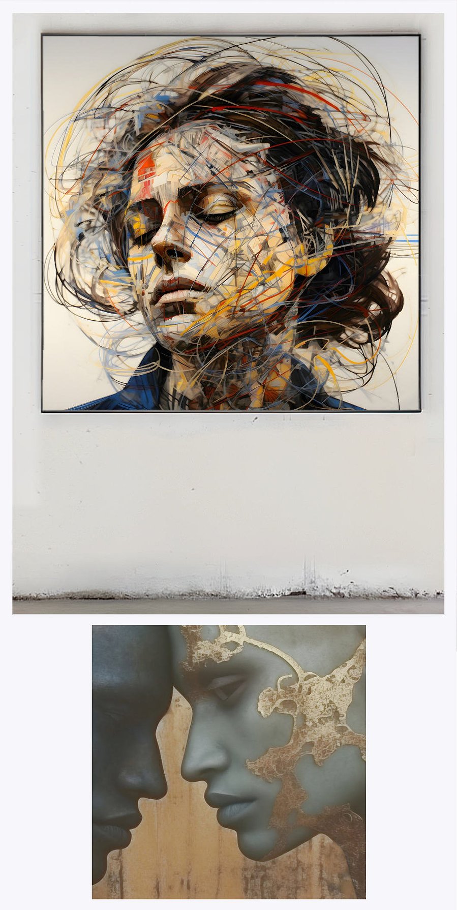 This gallery-style presentation of 'Quiet Woman' includes an intimate close-up detail, highlighting the painting's delicate brush strokes and the depth of its emotive portrayal.