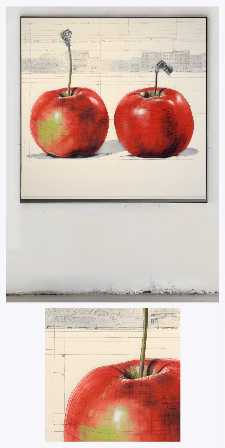 'Two Apples' is artistically presented in a gallery environment, accentuated by a detailed section that draws attention to the precise lines and contrast between the natural apple forms and the intricate background.