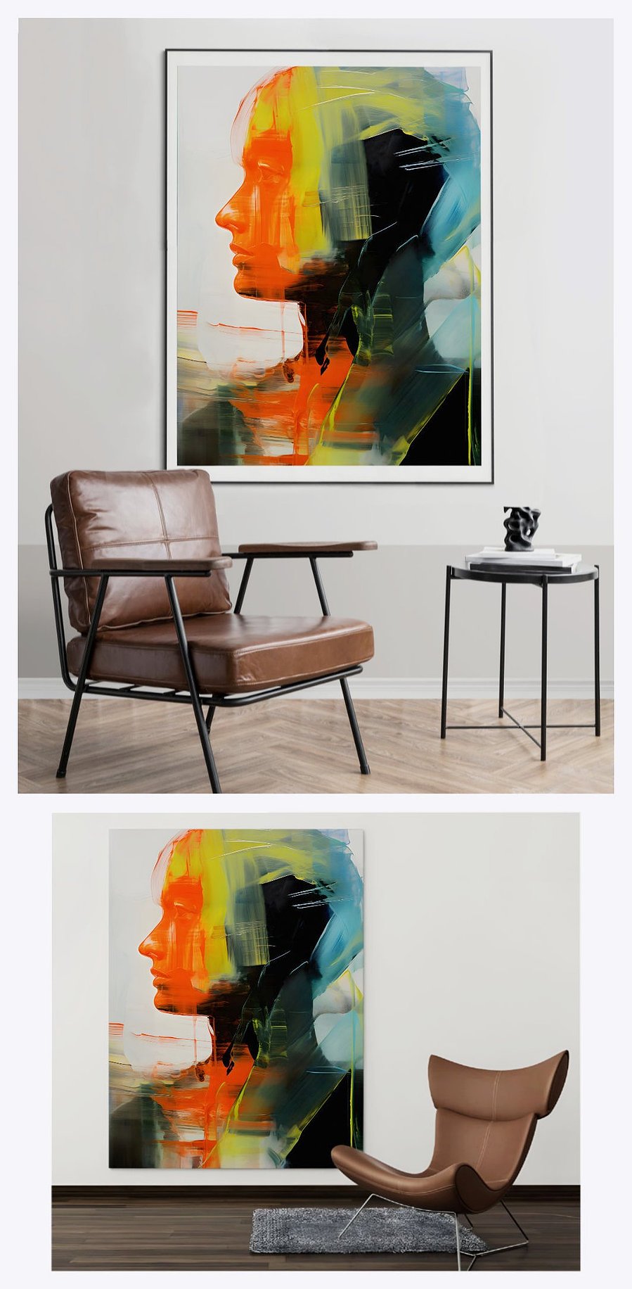 Abstract portrait of a woman, side view angle,  in bold multi-color brushwork. The painting is displayed in two different living room settings. Art by Murti Jung.