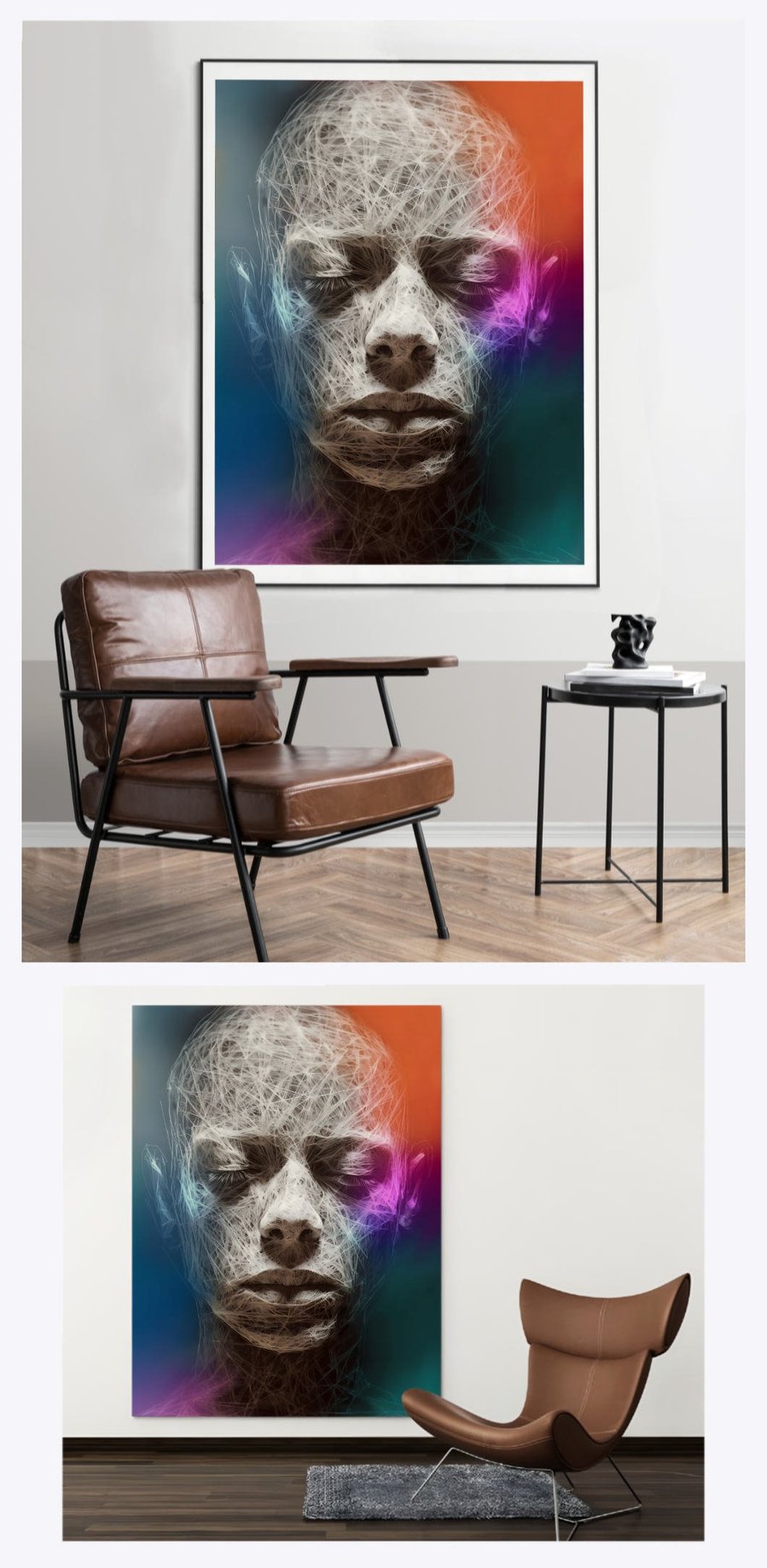 See 'Music 1' enhance two different living room settings, demonstrating the portrait artwork's capacity to add artistic depth and style to various interior designs.
