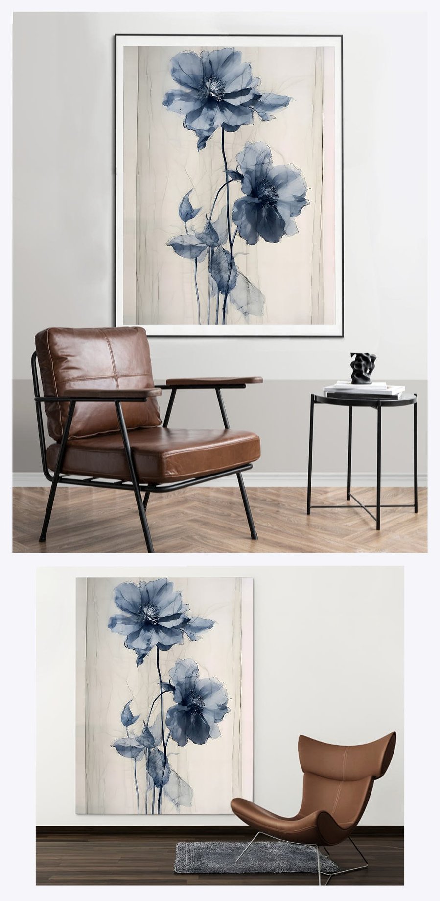 The artwork 'Wire Flower' is elegantly portrayed in two contrasting portrait-oriented living spaces, demonstrating its unique ability to infuse modern artistic flair into various home settings.