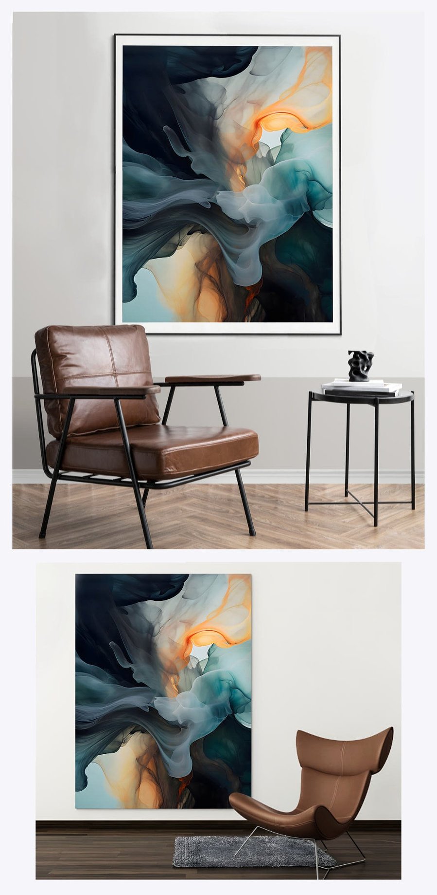 Behold 'Liquid Zen' as it dramatically transforms two distinct portrait-oriented living environments, illustrating the artwork's capacity to infuse a sense of tranquility and elegance into home decors.