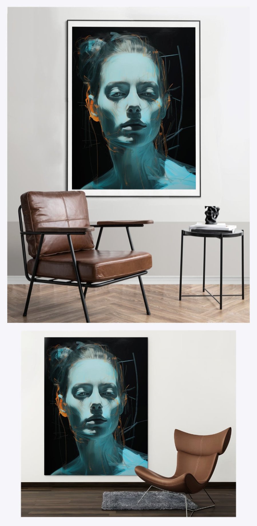 Explore the captivating impact of 'Music 2' within two different portrait-style living spaces, demonstrating how this artwork, featuring a woman's portrait, uniquely complements various interior aesthetics.