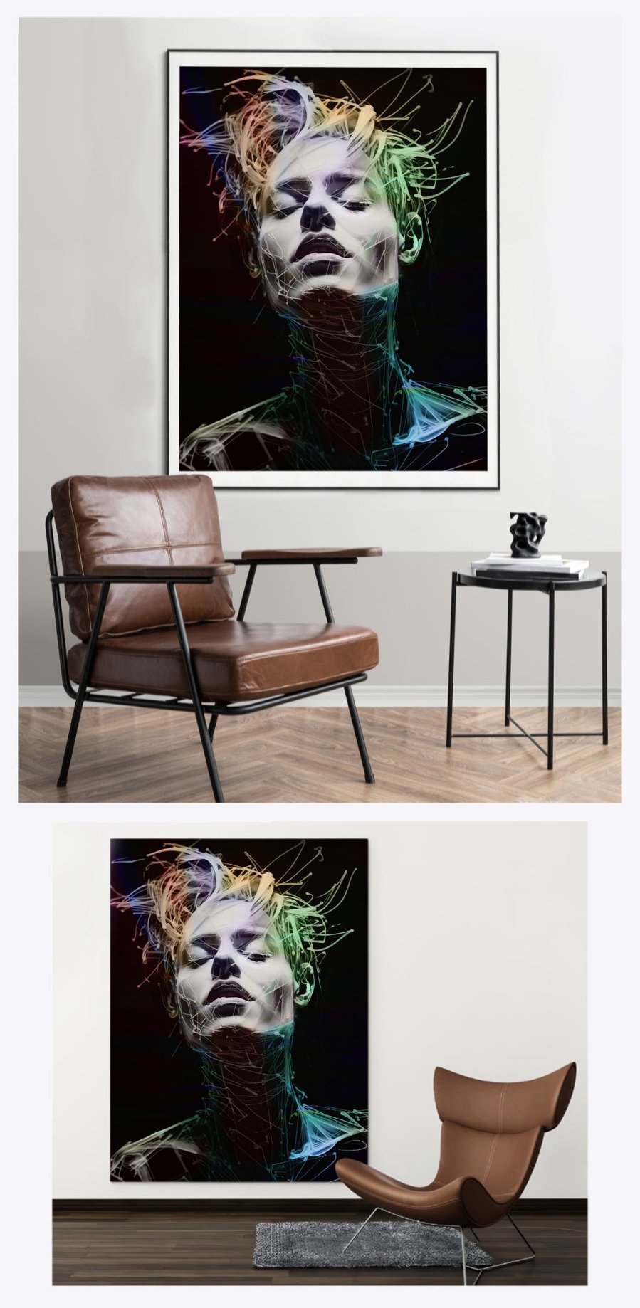 Discover the emotional resonance of 'Music 3' within two different portrait-style living spaces, where the artwork captures the profound impact of music on a young man, adding depth and a narrative element to diverse interior designs.
