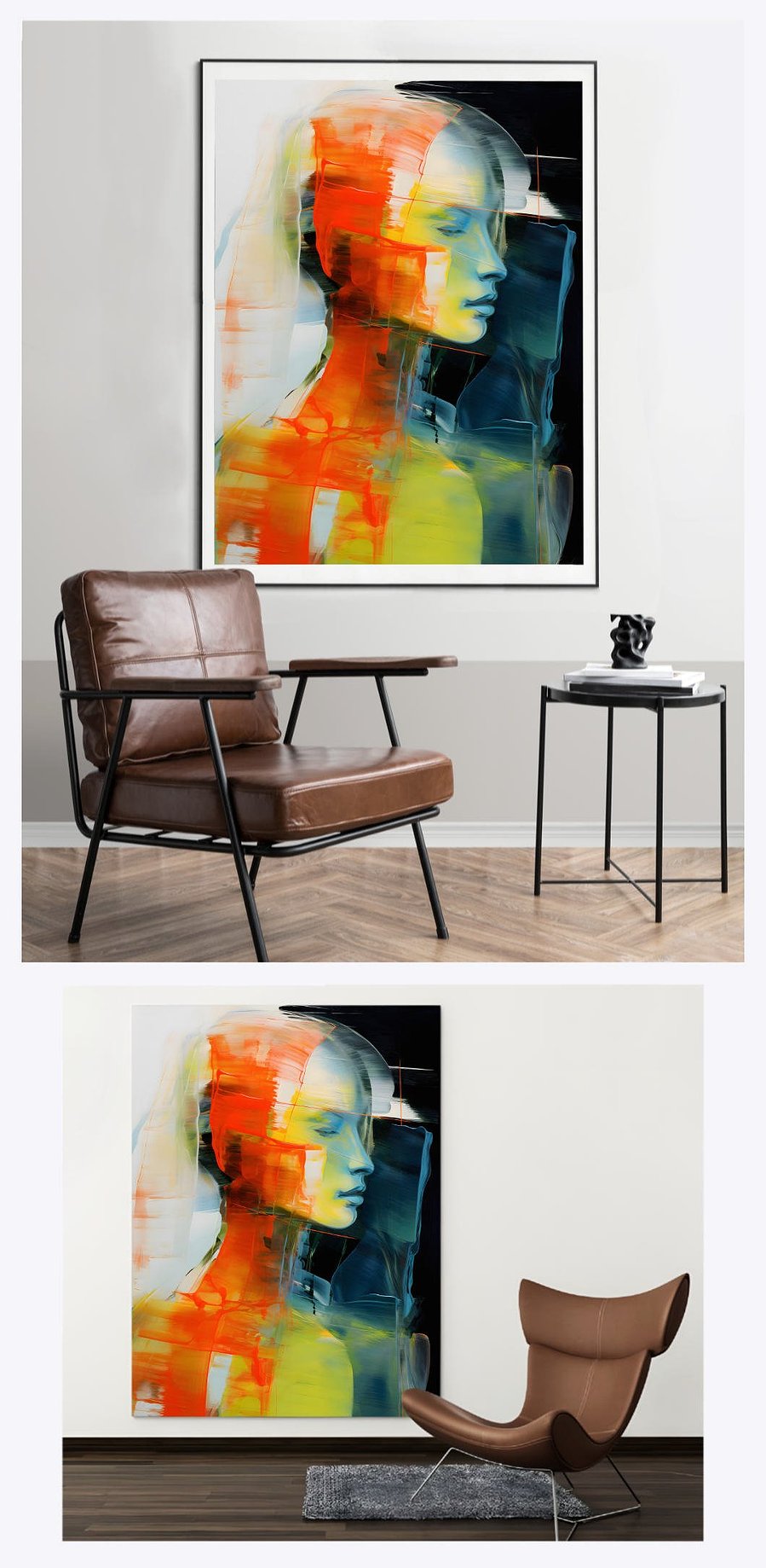 Experience the abstract allure of 'Radiant She 1' in two unique portrait-oriented living spaces, where the painting's depiction of an introspective female adds a layer of depth and mystery to various interior designs.