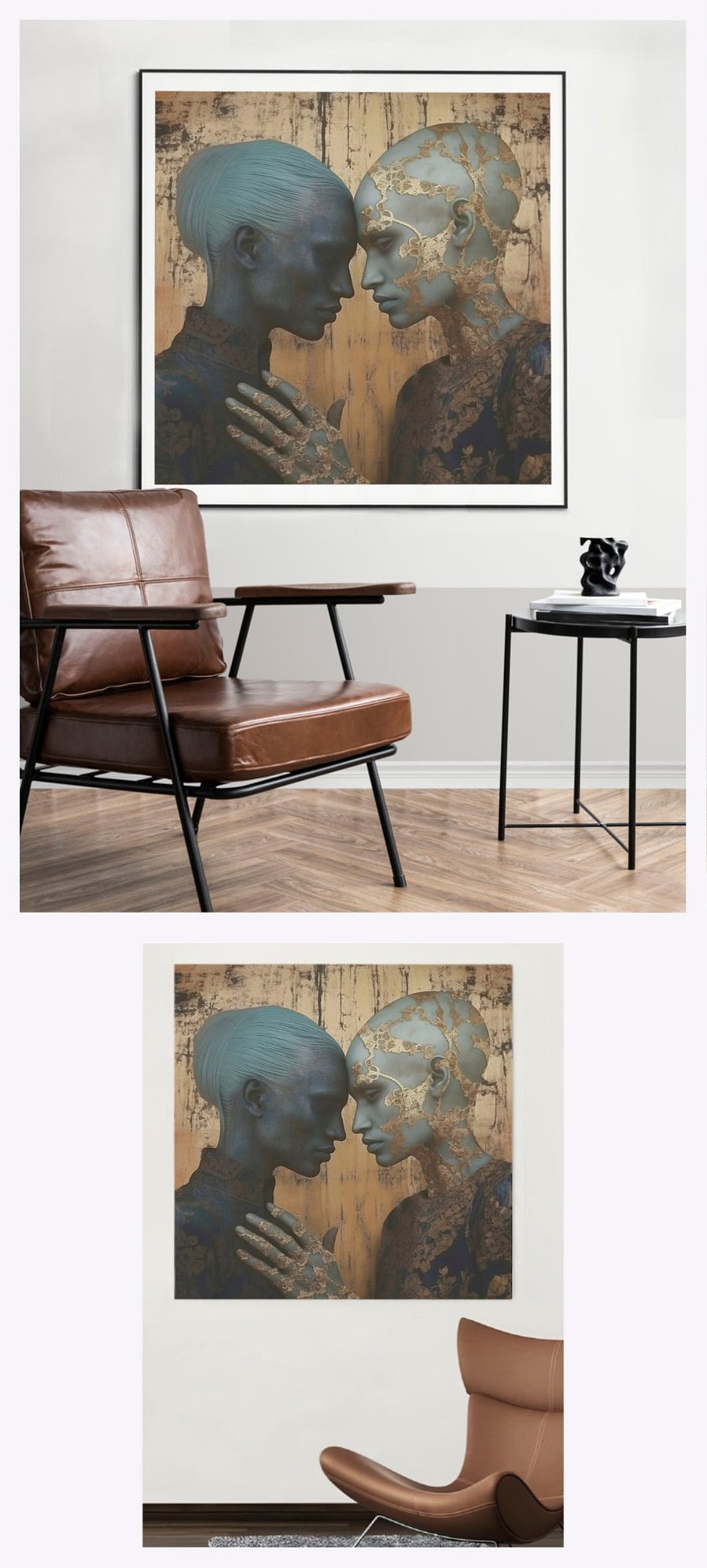 Explore the aesthetic versatility of 'Touch' as it is displayed in two unique living room settings, illustrating the square artwork's ability to complement diverse interior designs.