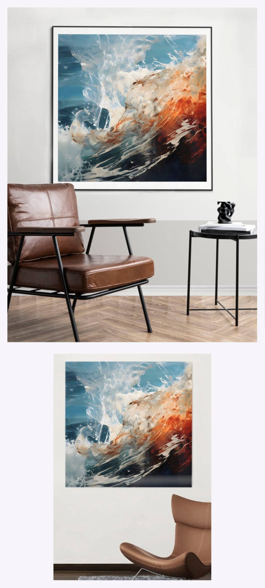 Admire 'Ocean Wave' as it gracefully complements two different square-oriented living areas, illustrating the painting's dynamic ability to bring a vibrant, marine essence to various home settings.